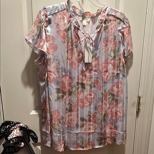 TAMARA H. Pleated Floral Shortsleeve Blouse 1X
